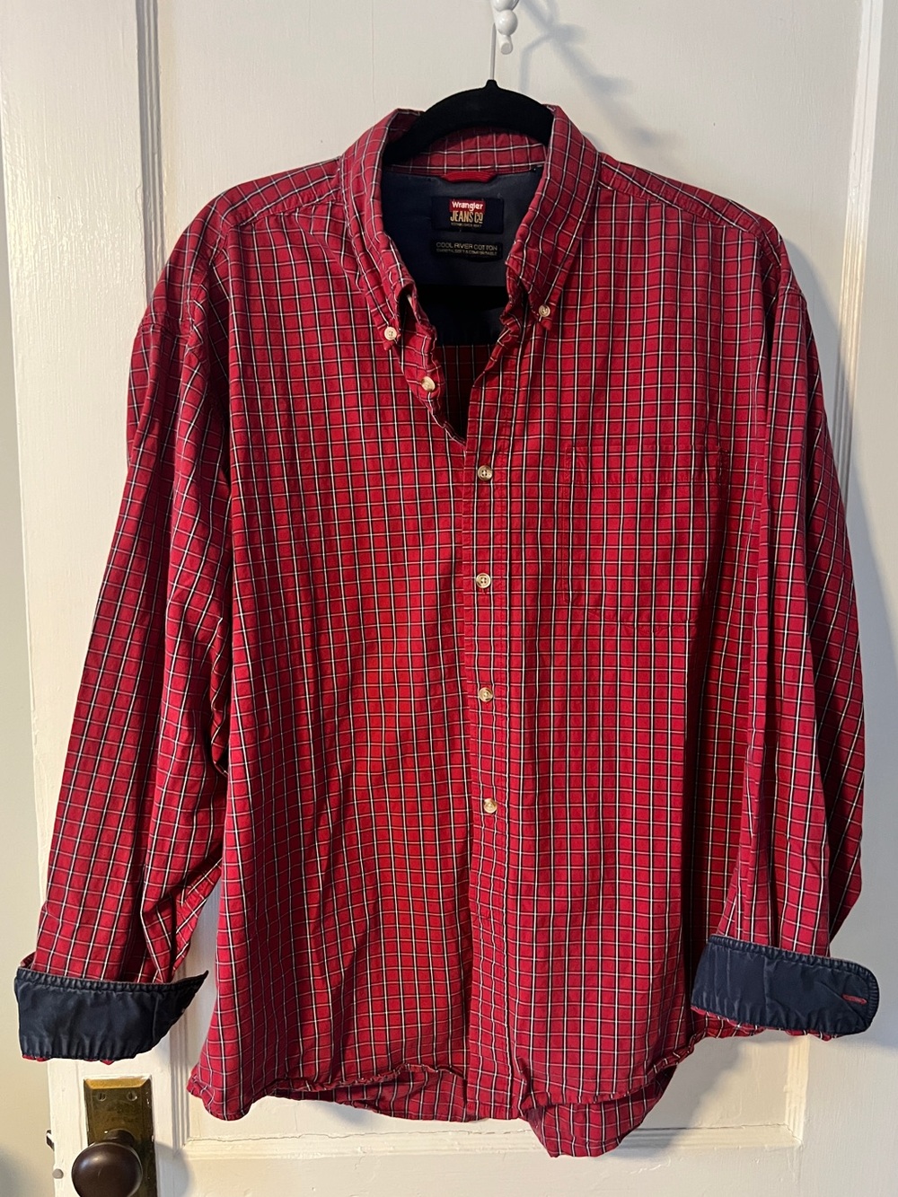 🇺🇸 Wrangler Premium Red Blue White Plaid Button Down Shirt - Contrast Cuff Men L